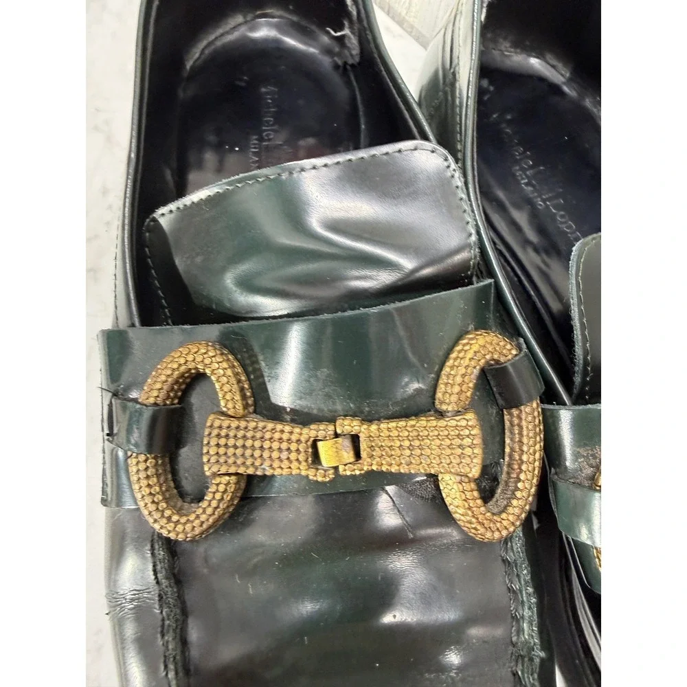 Michele Lopriore Milano Green Leather Horsebit Loafers Gold Buckle Made in Italy